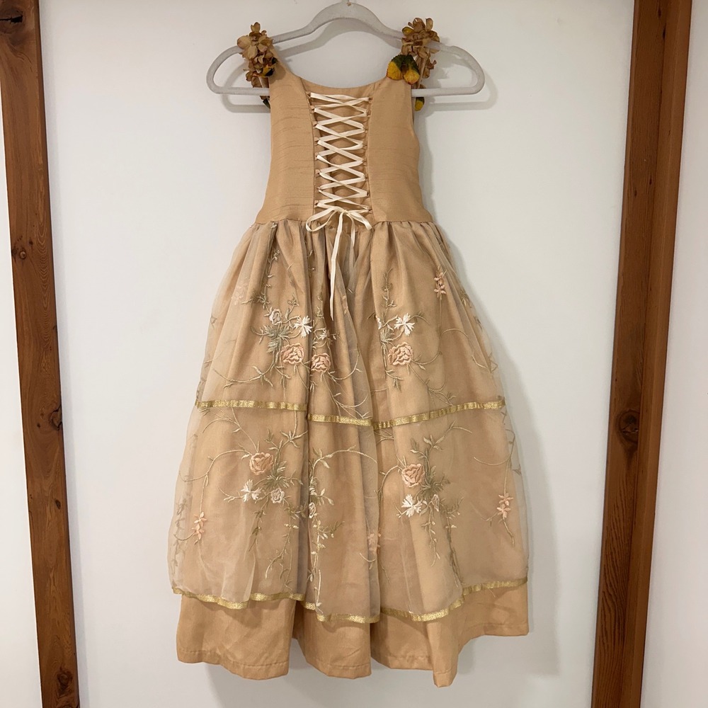 Elena Collection Gold Embroidered Corset Back Gown Girls Size 7-8 Floral Tulle
